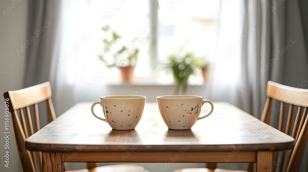 Fototapeta premium Two coffee mugs on a wooden table by a window.