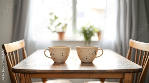 Wallpaper Mural Two coffee mugs on a wooden table by a window. Torontodigital.ca