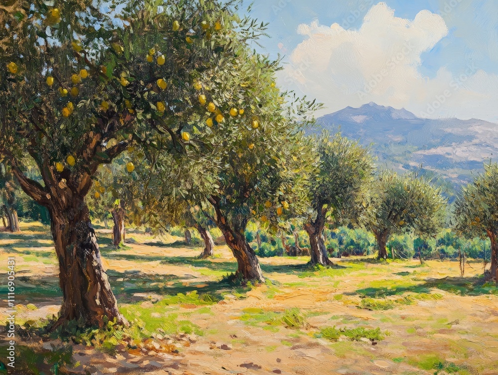Naklejka premium Olive grove with trees bearing ripe olives, a classic Mediterranean farm