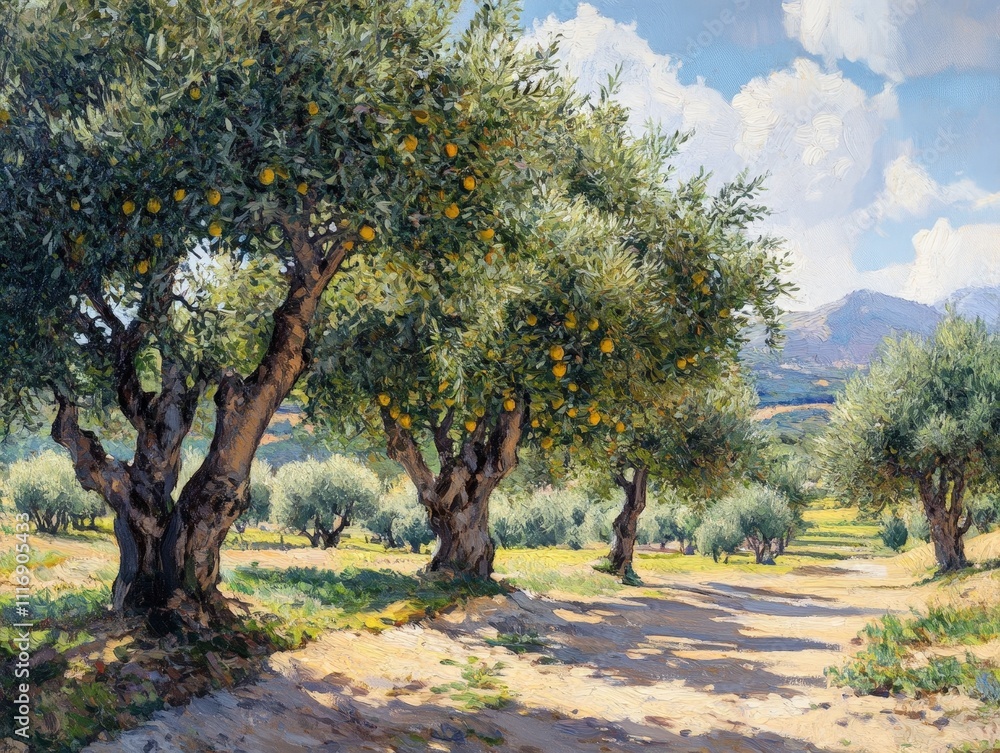 Olive grove with trees bearing ripe olives, a classic Mediterranean farm Olive grove with trees bearing ripe olives, a classic Mediterranean farm