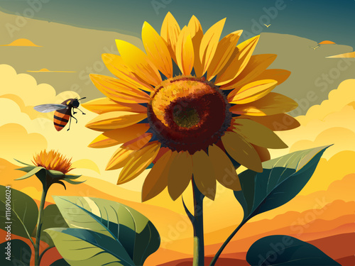 colorful illustration of a close-up of a single sunflower with a bee collecting nectar.