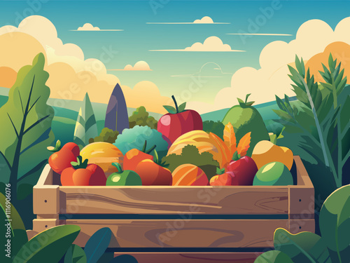 colorful illustration of a close-up of freshly picked produce in a wooden crate.