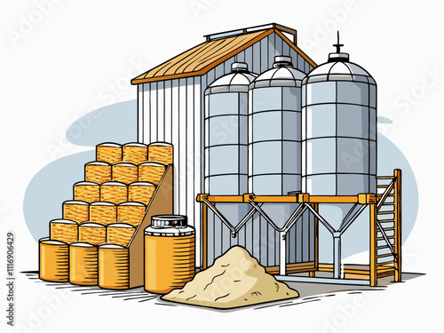 colorful illsutration of a detailed sketch of a grain silo with sacks of flour at its base