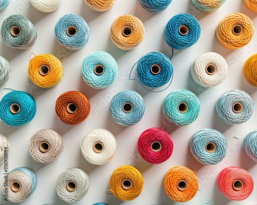 Colorful threads arranged in a pattern, showcasing various shades and textures. Perfect for crafting and sewing projects.