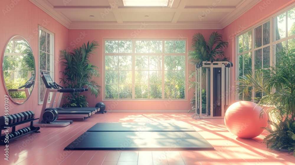 Fototapeta premium A modern home gym with large windows, pink walls, and wooden floors. The gym has a treadmill, weights, and an exercise ball, with plenty of space for working out.