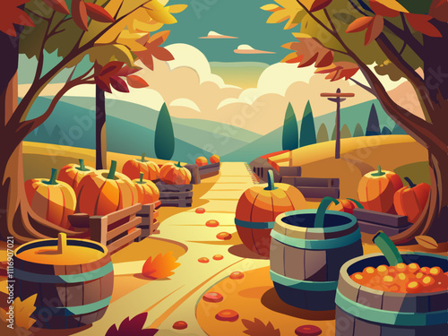 colorful illustration of a pumpkin patch surrounded by wooden barrels and autumn leaves