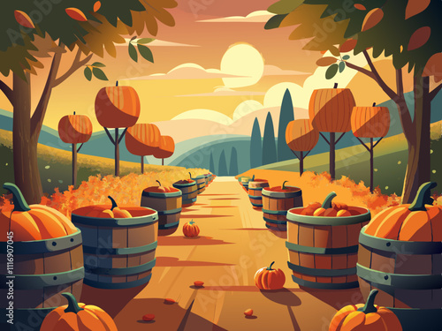 colorful illustration of a pumpkin patch surrounded by wooden barrels and autumn leaves