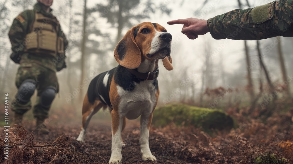 Fototapeta premium Vigilant Beagle Military Dog with Handler in Woodland on Misty Morning Alertly Pointing Ahead