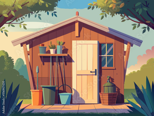 colorful illustration of a rustic tool shed with garden tools hanging on the walls.