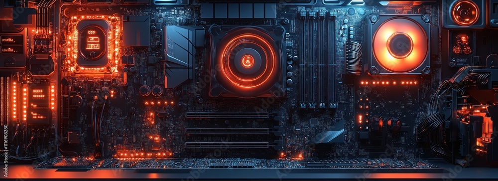 Computer Motherboard with Red and Blue Lights Computer Motherboard with Red and Blue Lights