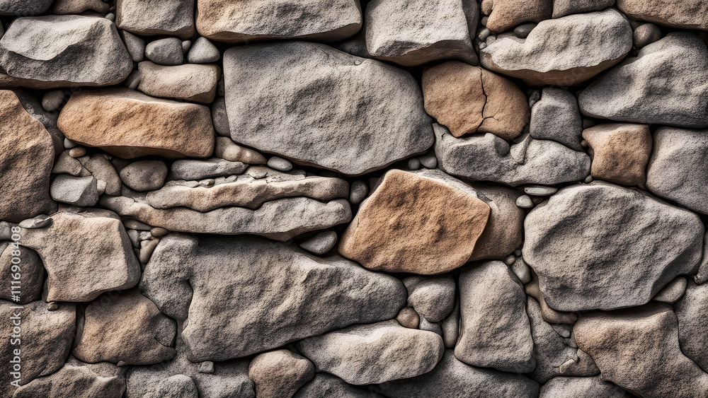 Obraz premium Close-up of a rustic stone wall with varying sizes and shades of gray and brown stones.