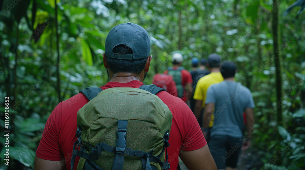 diverse group hiking through lush forest, showcasing teamwork and adventure. vibrant greenery surrounds them, creating serene atmosphere diverse group hiking through lush forest, showcasing teamwork and adventure. vibrant greenery surrounds them, creating serene atmosphere