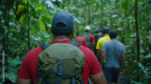 Wallpaper Mural diverse group hiking through lush forest, showcasing teamwork and adventure. vibrant greenery surrounds them, creating serene atmosphere Torontodigital.ca