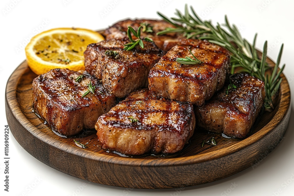 A plate of meat with lemon slices and rosemary