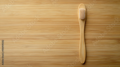 Minimalist bamboo toothbrush on natural wood background, showcasing eco friendly design and simplicity. Perfect for sustainable living enthusiasts photo