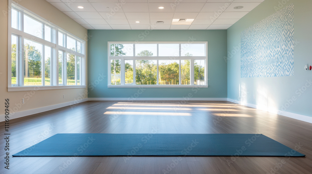 serene yoga studio with natural light streaming through large windows, featuring blue yoga mat on wooden floor, creating peaceful atmosphere for practice serene yoga studio with natural light streaming through large windows, featuring blue yoga mat on wooden floor, creating peaceful atmosphere for practice