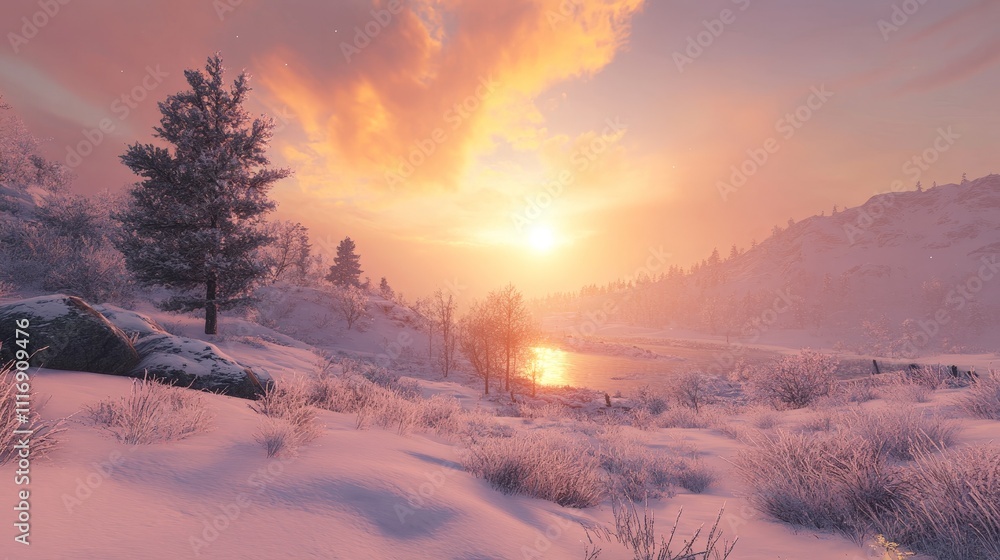 Scenic sunrise over a snowy landscape, marking the winter season Scenic sunrise over a snowy landscape, marking the winter season