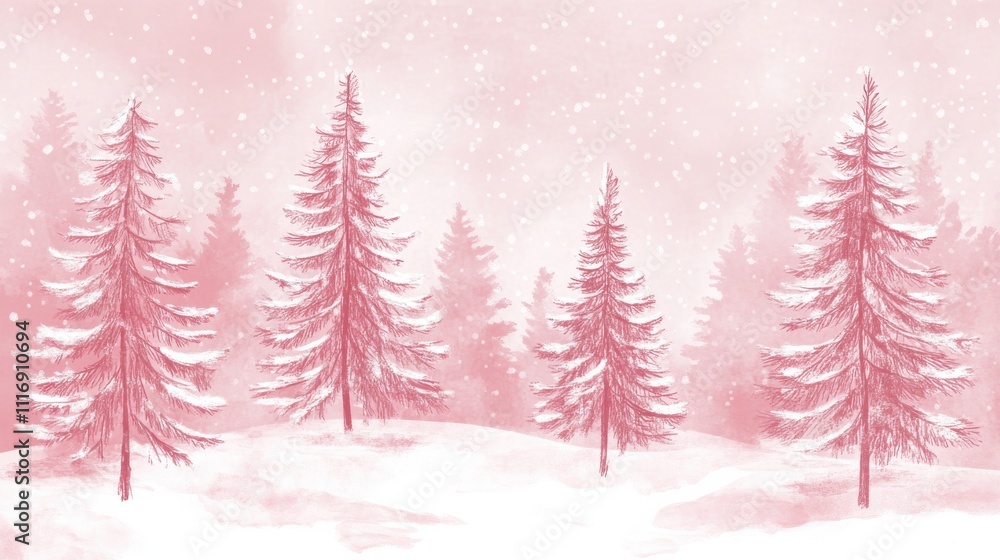 Obraz premium A Pink and White Winter Wonderland with Snowy Pine Trees and a Touch of Magic