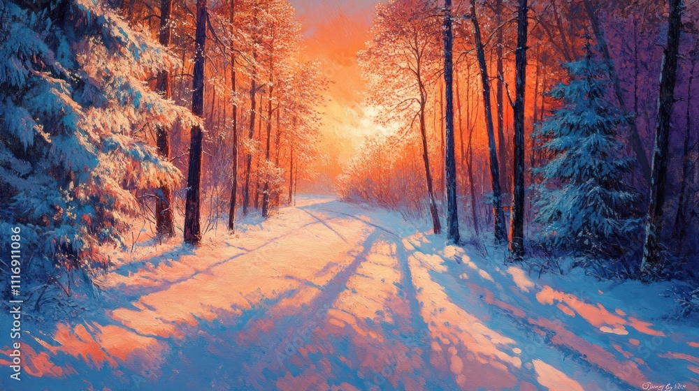 A vibrant winter landscape with snow-covered trees, a bright red sunrise A vibrant winter landscape with snow-covered trees, a bright red sunrise