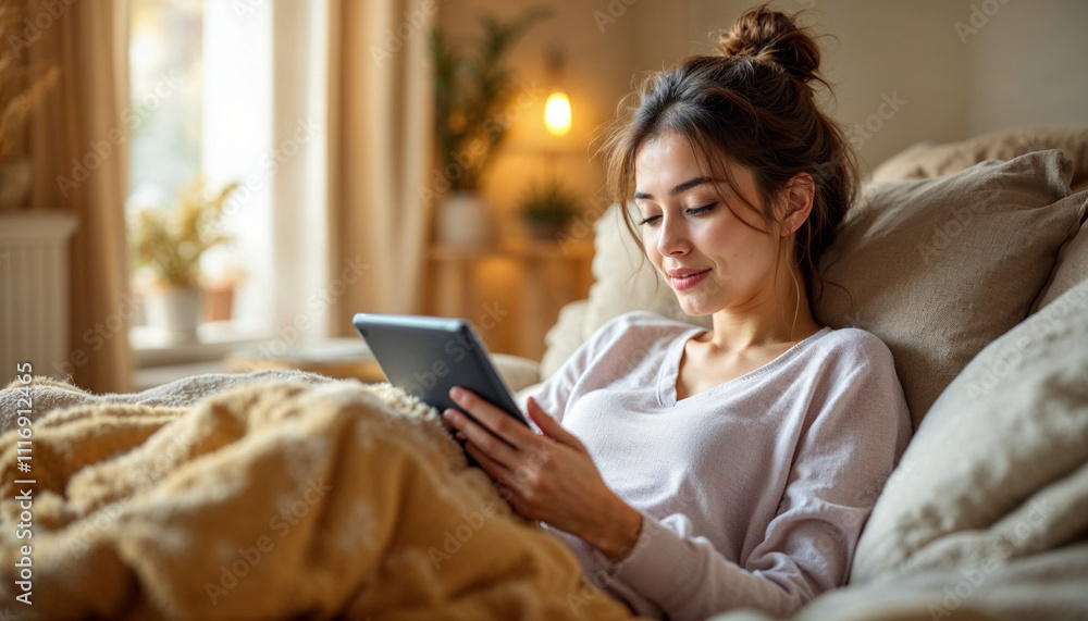 Woman reading on a tablet while relaxing in bed Woman reading on a tablet while relaxing in bed