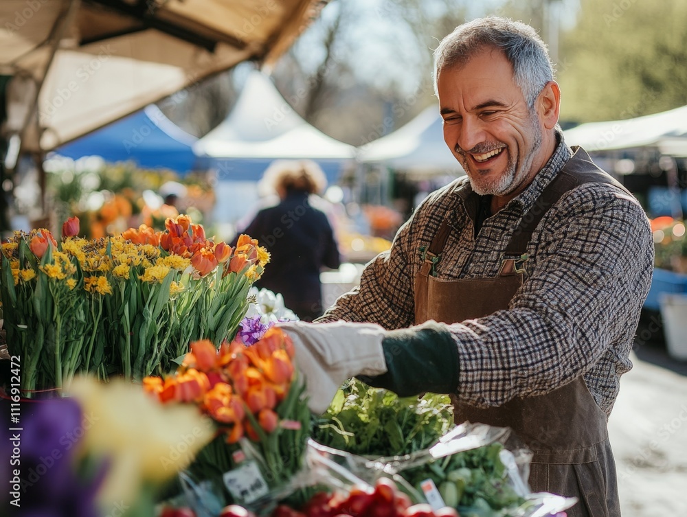 Spring farmers market with fresh flowers, produce, and happy customers Spring farmers market with fresh flowers, produce, and happy customers