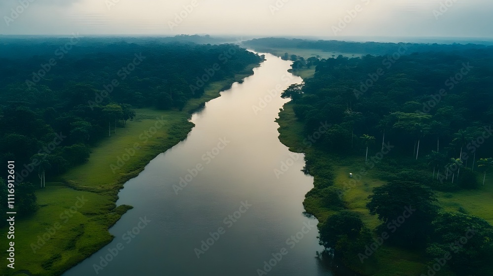 Aerial view of a serene river flowing through lush green forest landscape under a misty sky. Aerial view of a serene river flowing through lush green forest landscape under a misty sky.