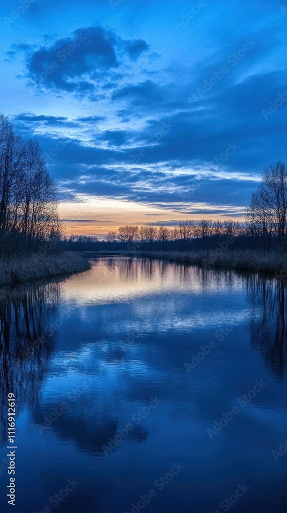 Tranquil river at dusk reflecting a serene blue sky and trees. Tranquil river at dusk reflecting a serene blue sky and trees.