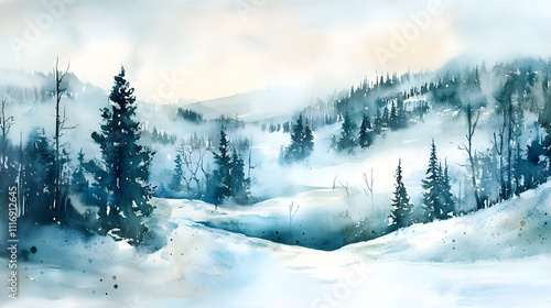 Cool-toned watercolor in icy blues and greens resembling a winter landscape abstract photo