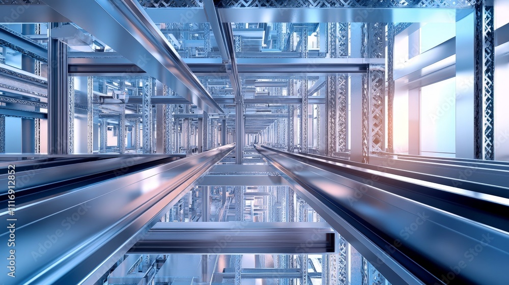 Steel beams and girders being assembled in a modern industrial plant Steel beams and girders being assembled in a modern industrial plant