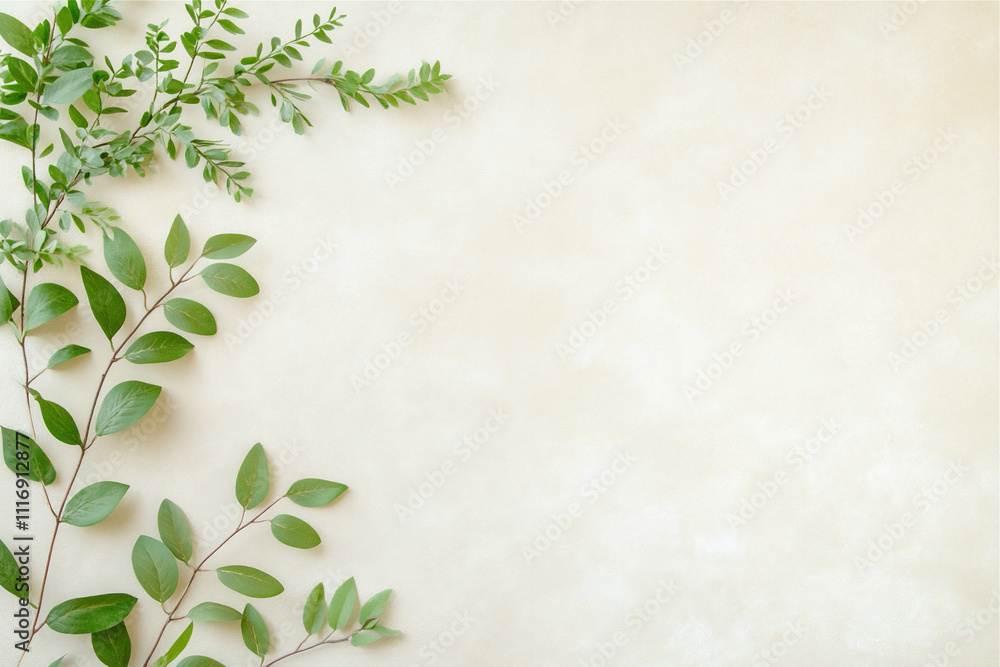 Botanical composition of green leaves on a beige background, ideal for natural designs. Copy space Botanical composition of green leaves on a beige background, ideal for natural designs. Copy space