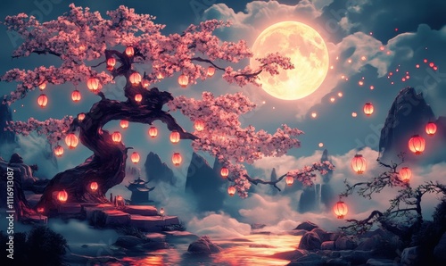 A serene landscape with a cherry blossom tree, lanterns, and a full moon.