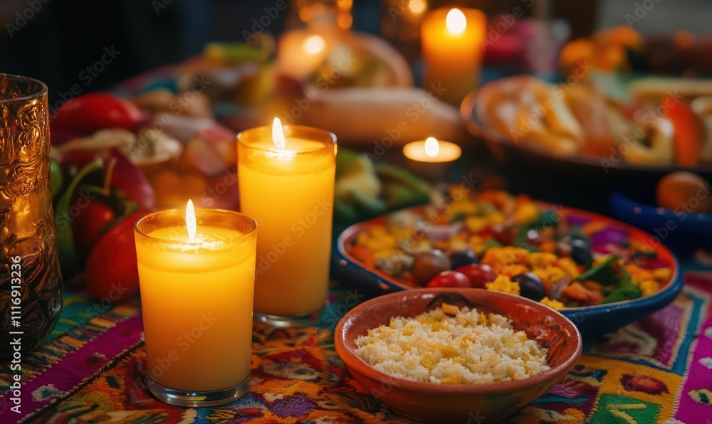 A festive table setting with candles, food, and vibrant colors. A festive table setting with candles, food, and vibrant colors.