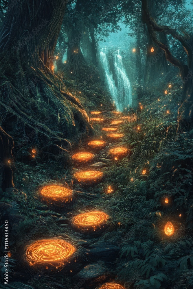 Enchanted forest path illuminated by glowing stones and a waterfall. Enchanted forest path illuminated by glowing stones and a waterfall.