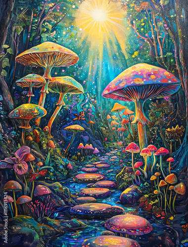 A painting of a forest with many mushrooms and a path