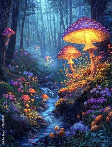 A forest scene with a stream and a group of mushrooms