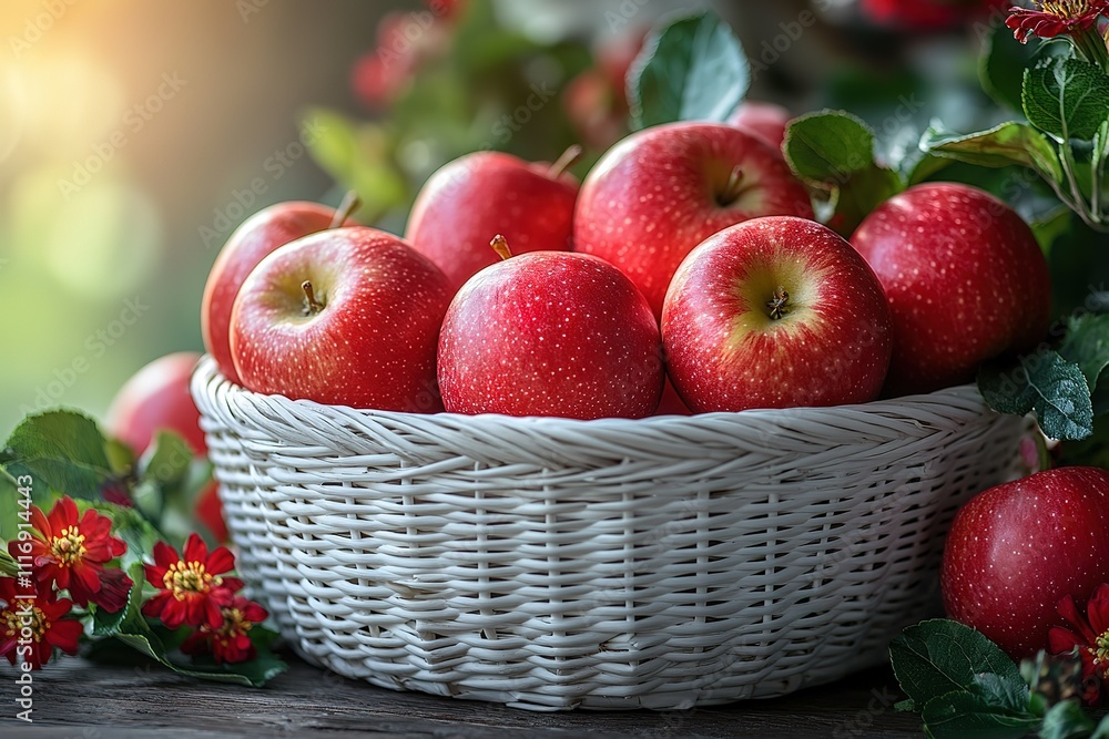 Apples in a white basket, on a table with flower arrangements Apples in a white basket, on a table with flower arrangements