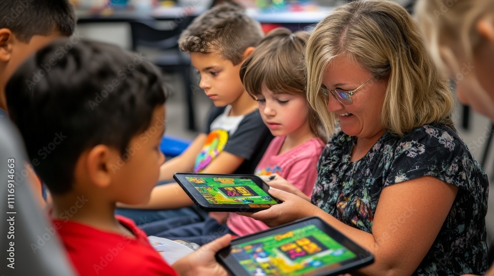 Teacher guiding students through a math game on tablets, making learning fun Teacher guiding students through a math game on tablets, making learning fun