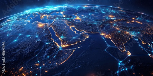 Global Connectivity and Data Transfer Map of Saudi Arabia, Middle East and North Africa in a Futuristic Style