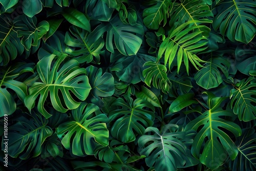 Wallpaper Mural Lush green tropical leaves background featuring various shapes and textures, ideal for nature-themed designs and eco-friendly concepts. Torontodigital.ca