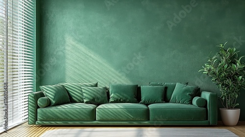 Interior Design Modern Living Room with Dark Green Sofa Textured Green Wall Bright Natural Light Minimalist Scandinavian Style photo