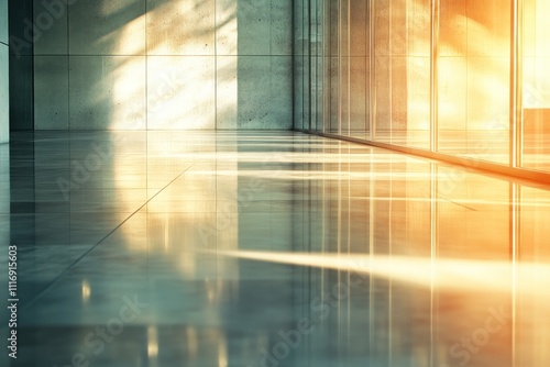 Sunlight streams through a large glass window in a modern building, casting long shadows on the polished floor.