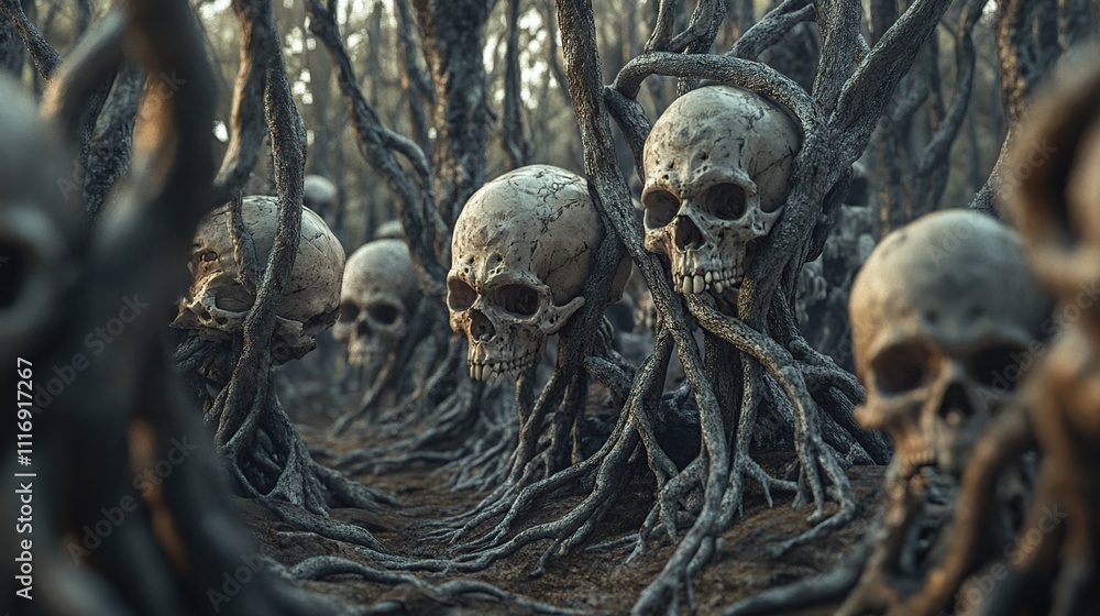 Skulls embedded in gnarled, dark trees. Skulls embedded in gnarled, dark trees.