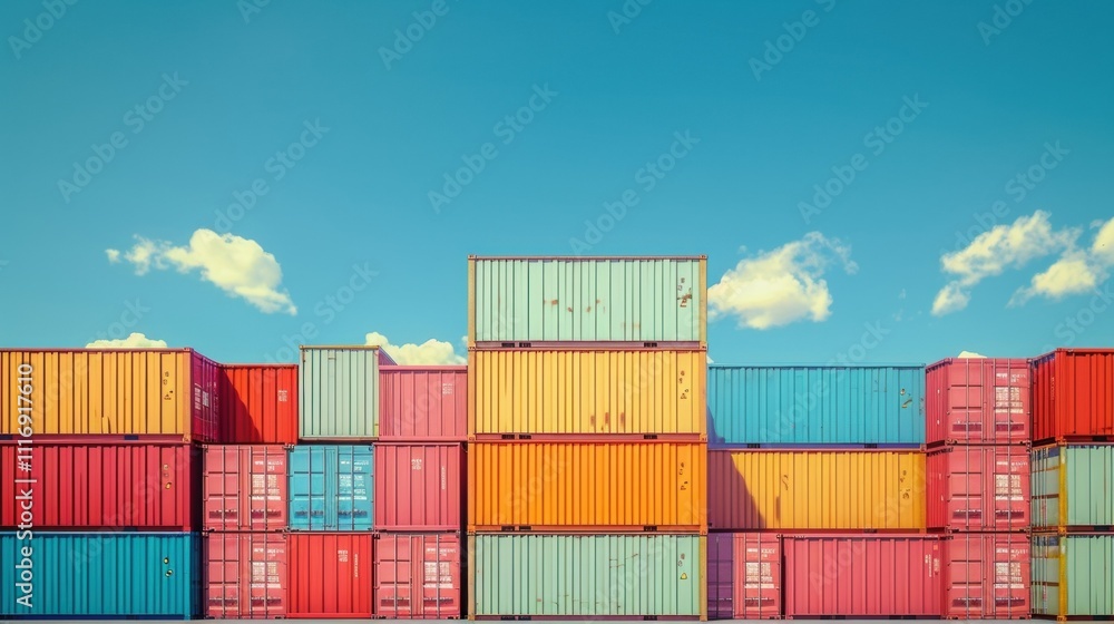 A series of stacked containers in a shipyard emphasizing the scalability and adaptability of containerization which has allowed for the growth of international markets and A series of stacked containers in a shipyard emphasizing the scalability and adaptability of containerization which has allowed for the growth of international markets and
