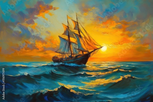 A stunning oil painting of a sailboat gliding on the ocean at sunset.