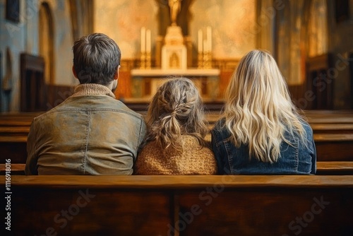 Family Praying Together in Small Church during Evening Service photo