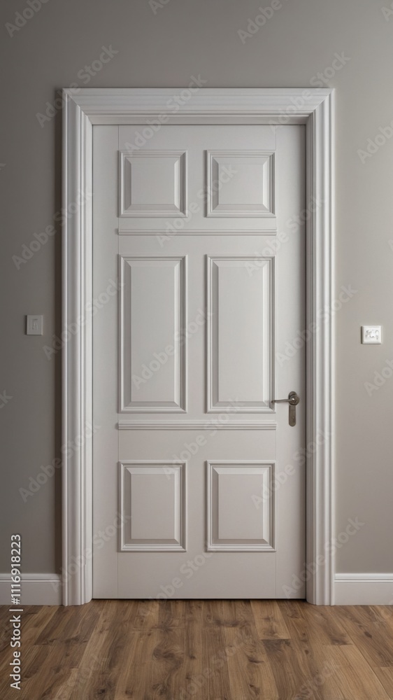 Elegant White Door Isolated on a Grey Wall Background with Soft Natural Lighting and Shadows Elegant White Door Isolated on a Grey Wall Background with Soft Natural Lighting and Shadows