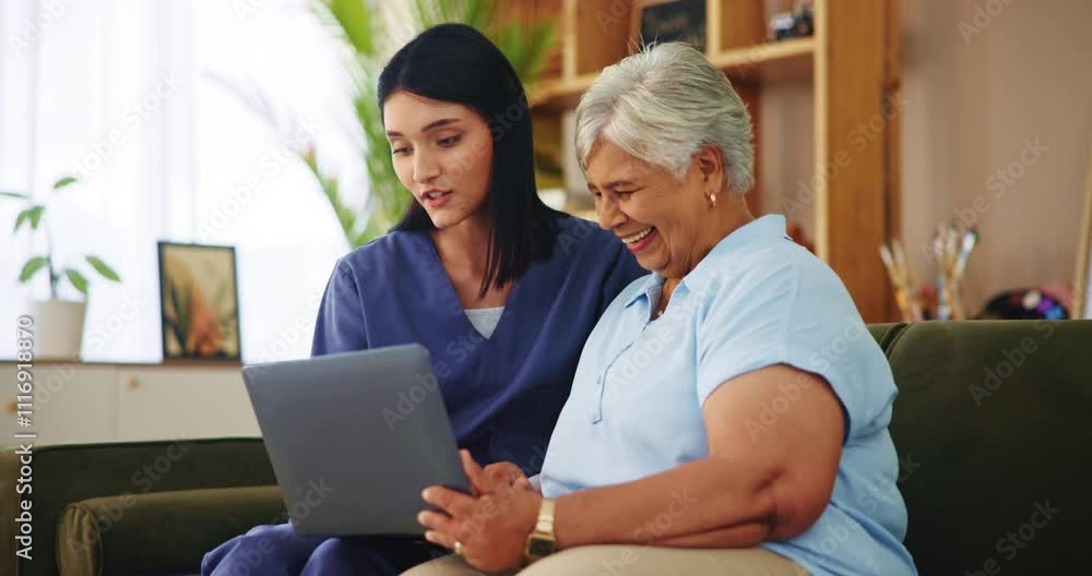 Nurse, senior woman and help on laptop in nursing home to support, smile or check healthcare history. Medical caregiver, assistance or computer in retirement, teaching email or insurance conversation Nurse, senior woman and help on laptop in nursing home to support, smile or check healthcare history. Medical caregiver, assistance or computer in retirement, teaching email or insurance conversation