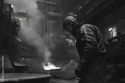 Worker in a steel mill wearing protective gear, handling hot metal