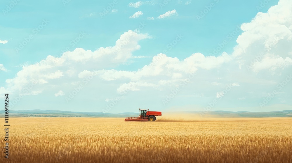Fototapeta premium Worker using a modern seeder in a vast wheat field