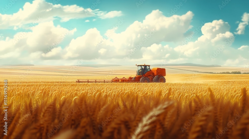Fototapeta premium Worker using a modern seeder in a vast wheat field